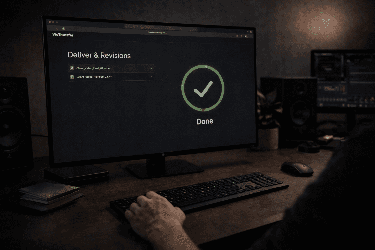 Monitor con spunta verde "Done" su WeTransfer e mano sulla tastiera in studio scuro.